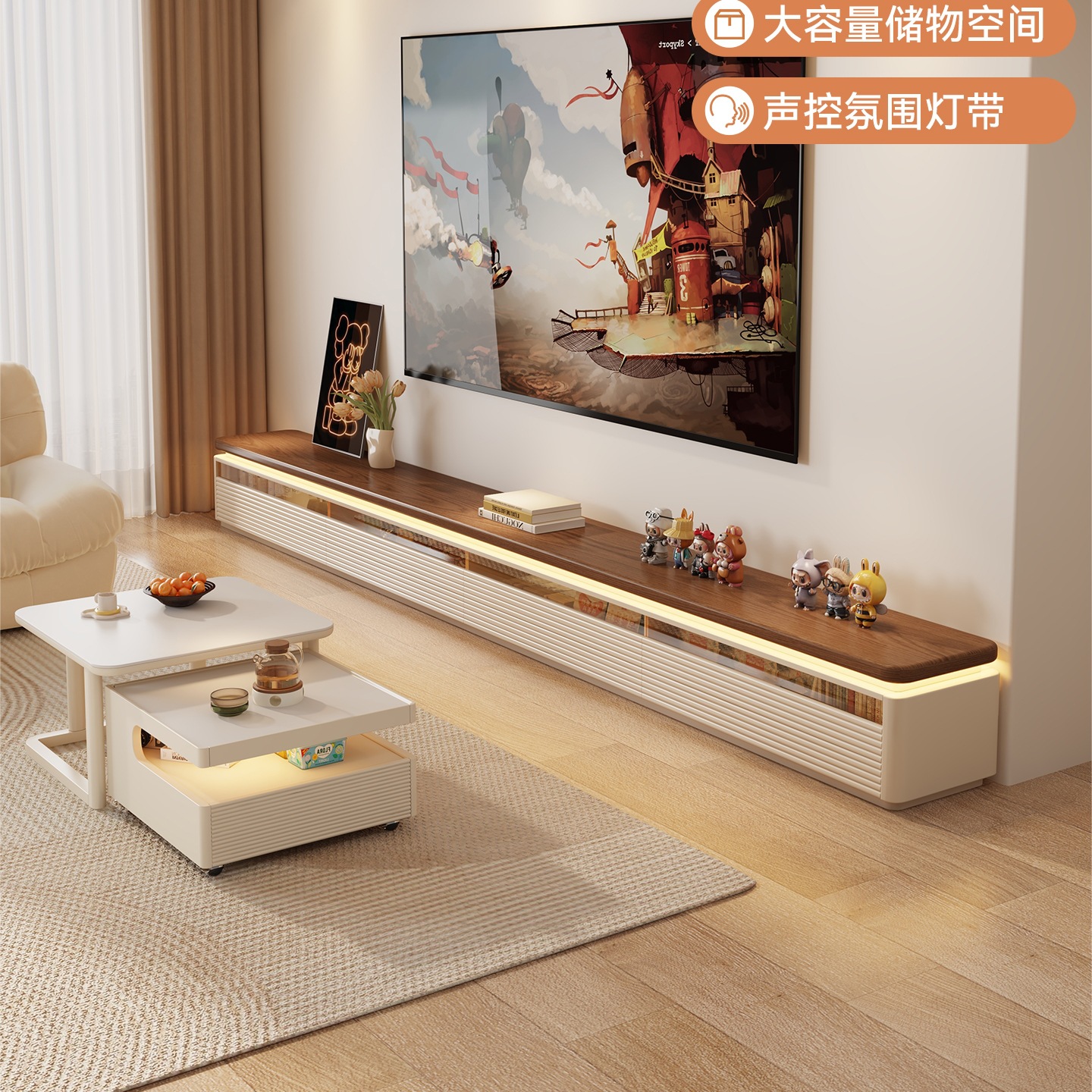 French-Style Vintage Floor-Standing Tv Cabinet, Extendable 2025 New Model Living Room Tv Cabinet Coffee Table Combination Floor Cabinet Low Cabinet