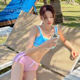新款ins高级感bikini运动分体泳衣女辣妹粉蓝撞色显瘦泡温泉泳装