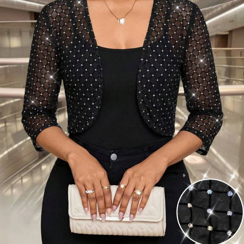 In-Stock Women's Rhinestone Mesh Cardigan Short Style, Slimming Lightweight Jacket for Summer