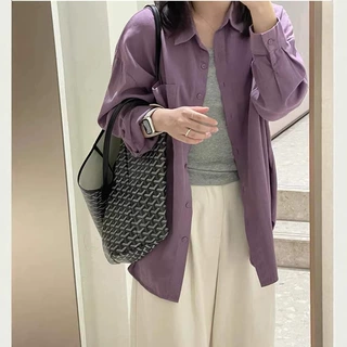 MISSMARM韩系紫色水洗棉衬衫女秋季慵懒风宽松休闲气质衬衣外套