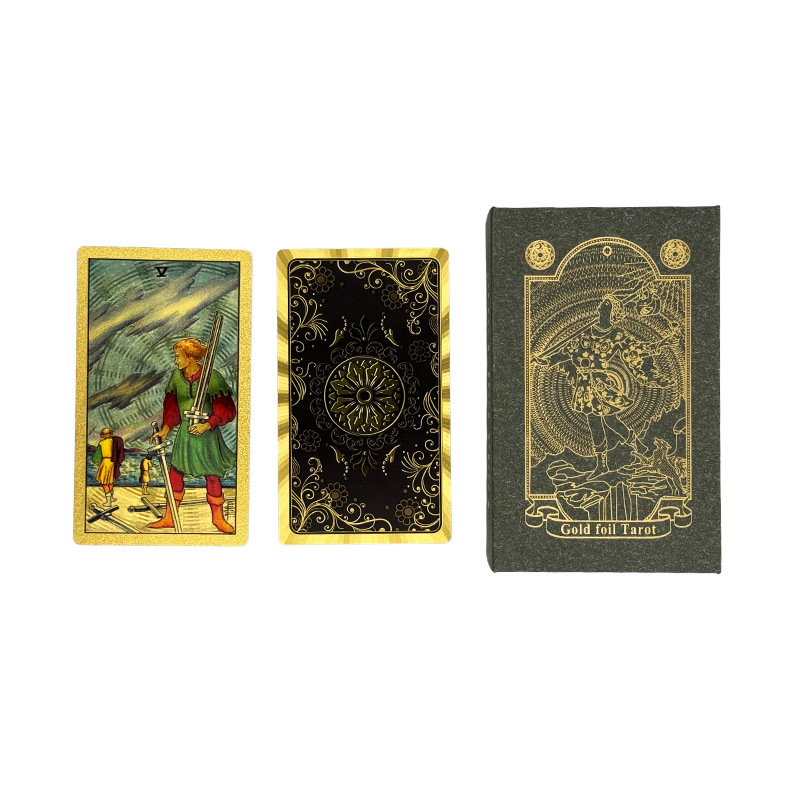 Suministro transfronterizo de lámina de oro Tarjeta de tarot Carlo tarjeta Torre libro tarot impresión en color PVC impermeable manual juego de mesa mantel