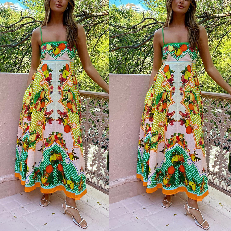 Women's Strap Dress Swing Dress Vacation Strap Printing Sleeveless Letter Fruit Midi Dress Holiday Beach display picture 1