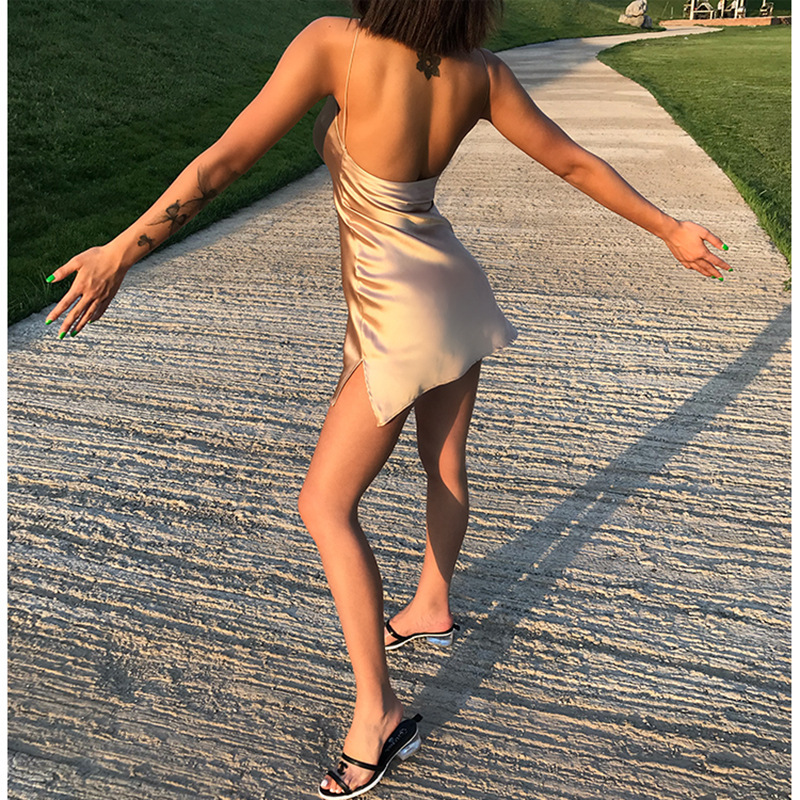 solid color straps backless slit slip short dress NSJS119145