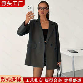 定制跨境外贸2026春秋季新款长袖宽松纯色休闲通勤办公西装外套女