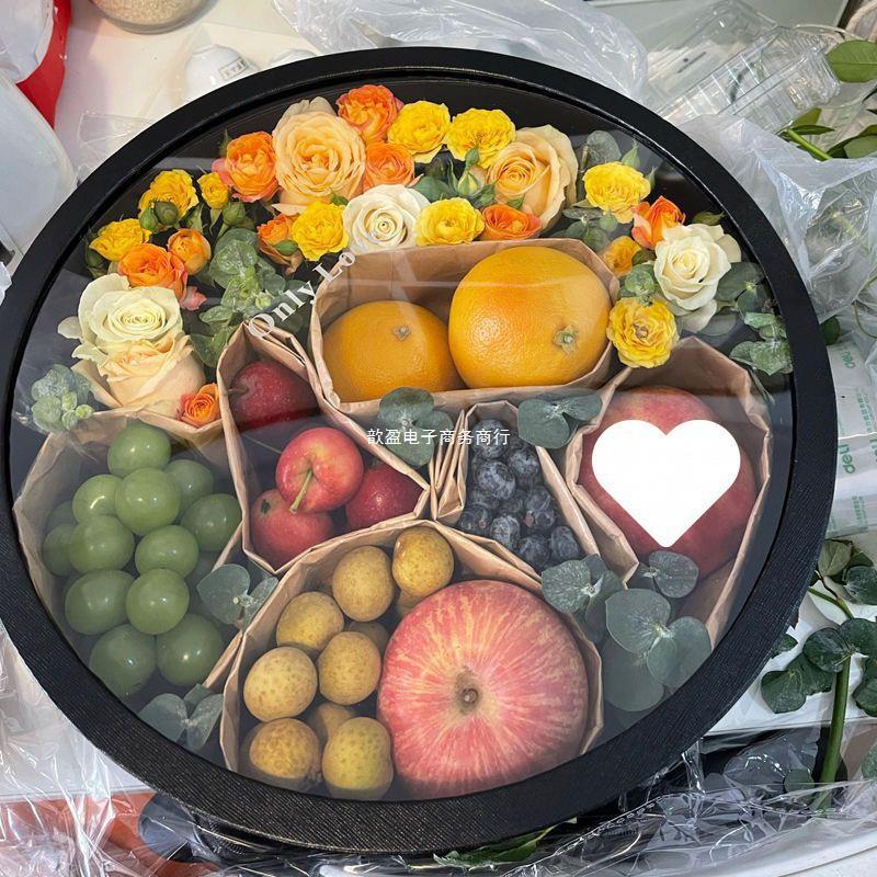 礼品盒大号圆形透明黑色开窗水果包装盒花束插花盒花店用品礼盒