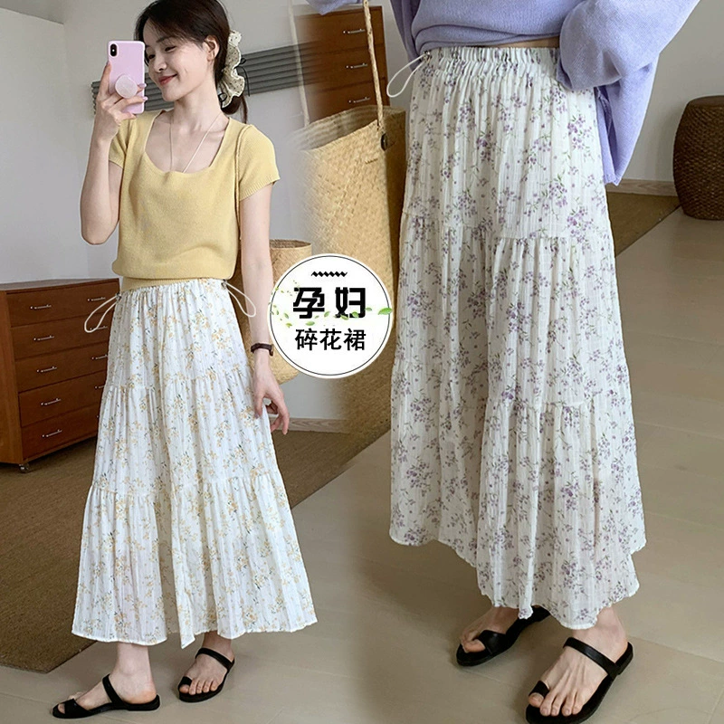 Юбка с цветочным принтом для беременных, женская летняя юбка 2025 года, новая универсальная, уменьшающая возраст, темпераментная юбка-зонтик в сказочном стиле, длинная модная юбка