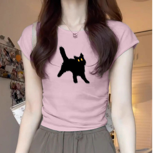 Women's Summer New Design Sensory Minority Pleated Fitted Short Sleeve T-Shirt Sweet and Spicy Short Top