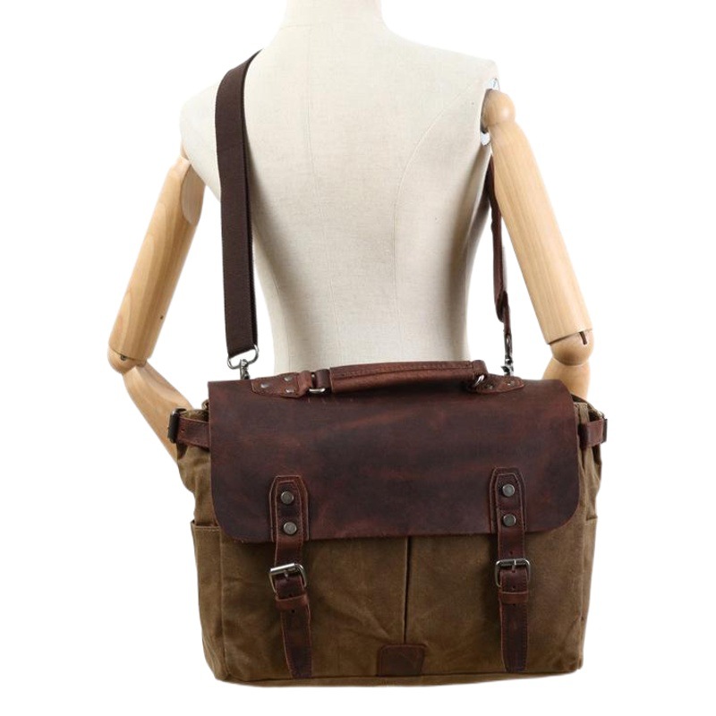 Retro Waxed Canvas with Crazy Horse Leather Briefcase, European and American Foreign Men's Bag, Retro One-Shoulder Cross-Body Handbag