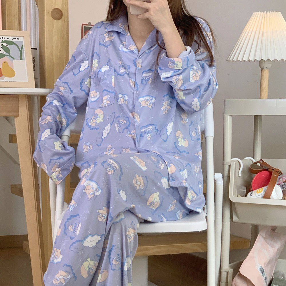 春秋季新款睡衣女长袖长裤开衫韩版甜美清新学生家居服双长套装