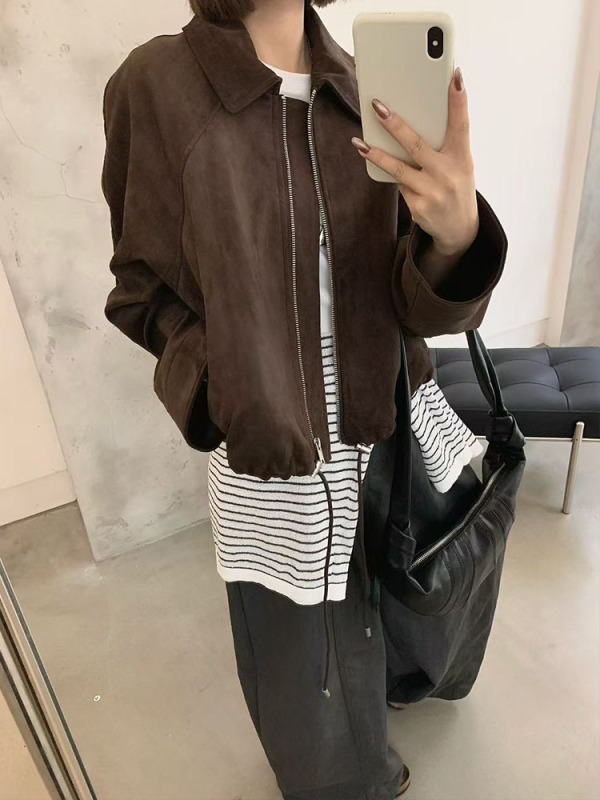 复古翻领麂皮绒外套女欧洲站2025年秋季新款韩版抽绳时尚夹克上衣|undefined