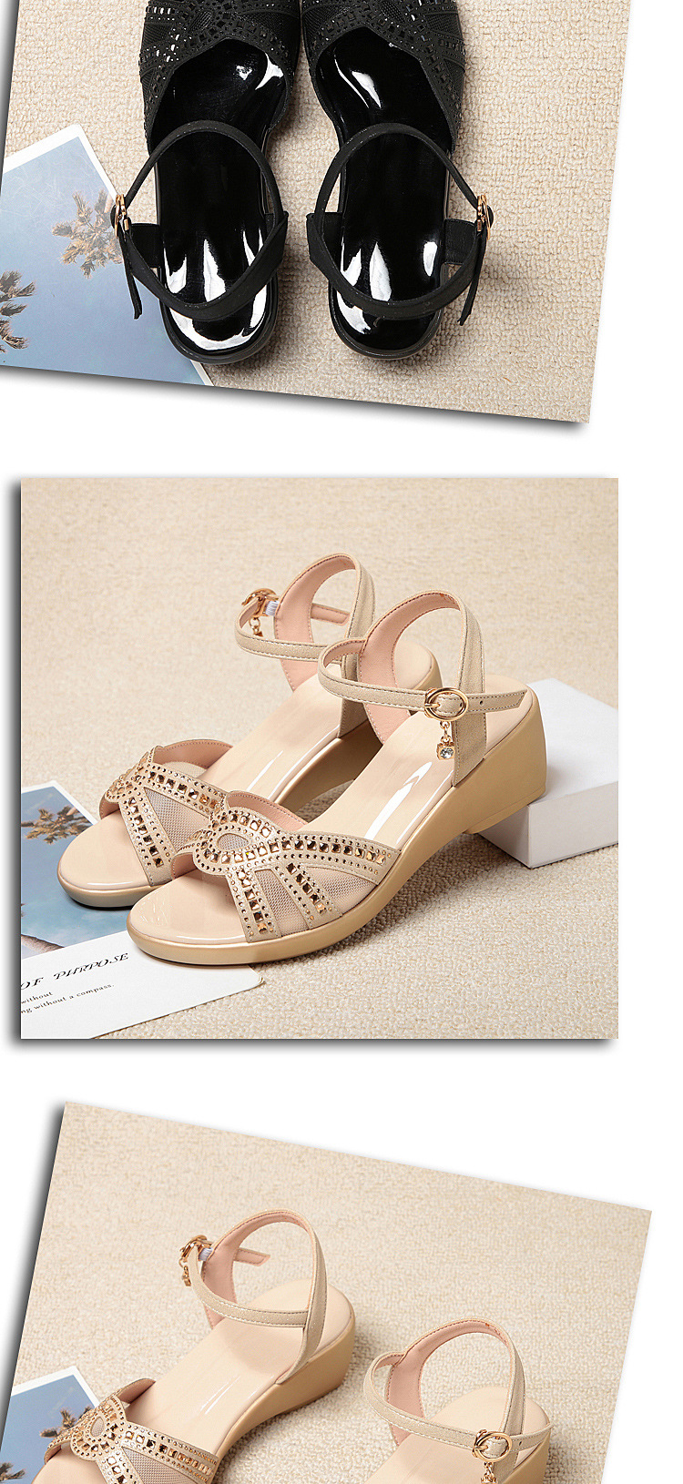 Sandal nữ đế xuồng da thật gót vừa thoải mái — Màu đen chi tiết 15