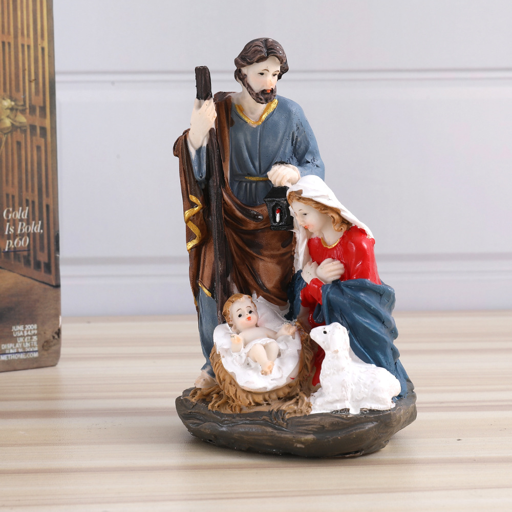 Resina transfronteriza pesebre decoración retro decoración navideña decoración para el hogar decoración para una familia de tres personas
