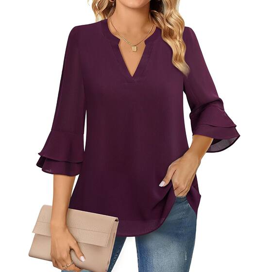 New women's top fashion casual cropped bell sleeve double layer chiffon waist solid color V-neck Amazon t cross border