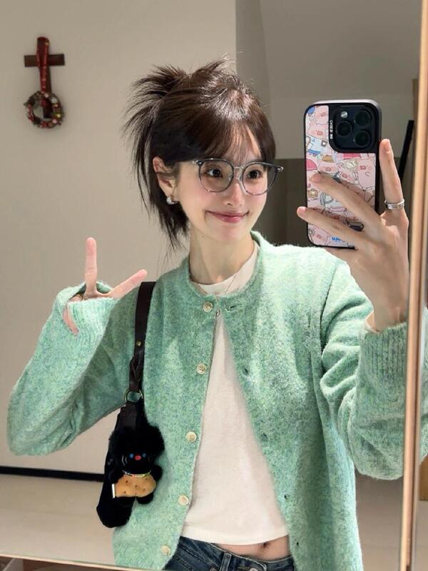 法式气质薄荷绿卷边针织开衫毛衣外套女春秋软糯绿色上衣早春外搭|undefined