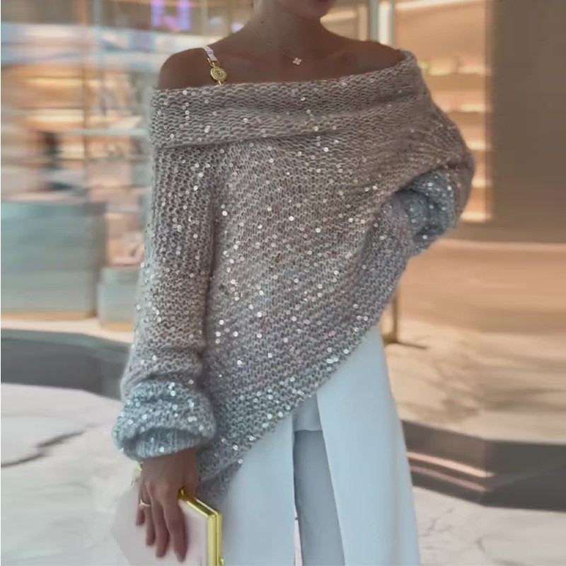 2023 otoño e invierno europeo y americano Amazon transfronterizo Comercio exterior nuevo de alto grado elegante Chanel estilo cómodo lentejuelas suéter con cuello en V