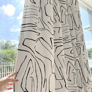 Black and White Line Curtain Chenille Nordic Style Modern Bedroom Living Room Thickened Shading Floral Cloth 2024 New Style