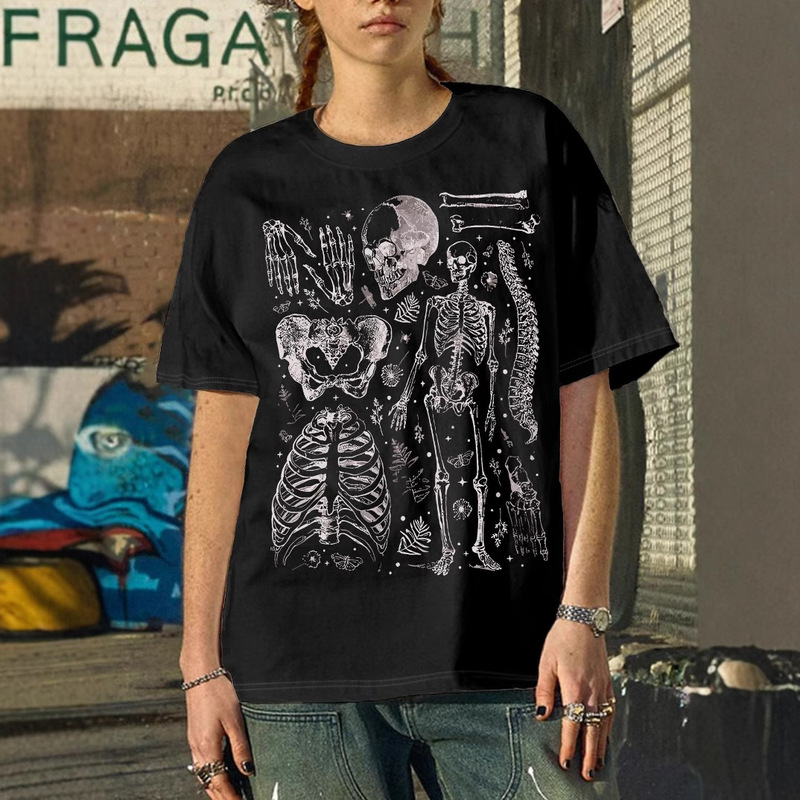 Women's Casual Retro Skull Human Skeleton Anatomy Graphic Crewneck T-Shirt
