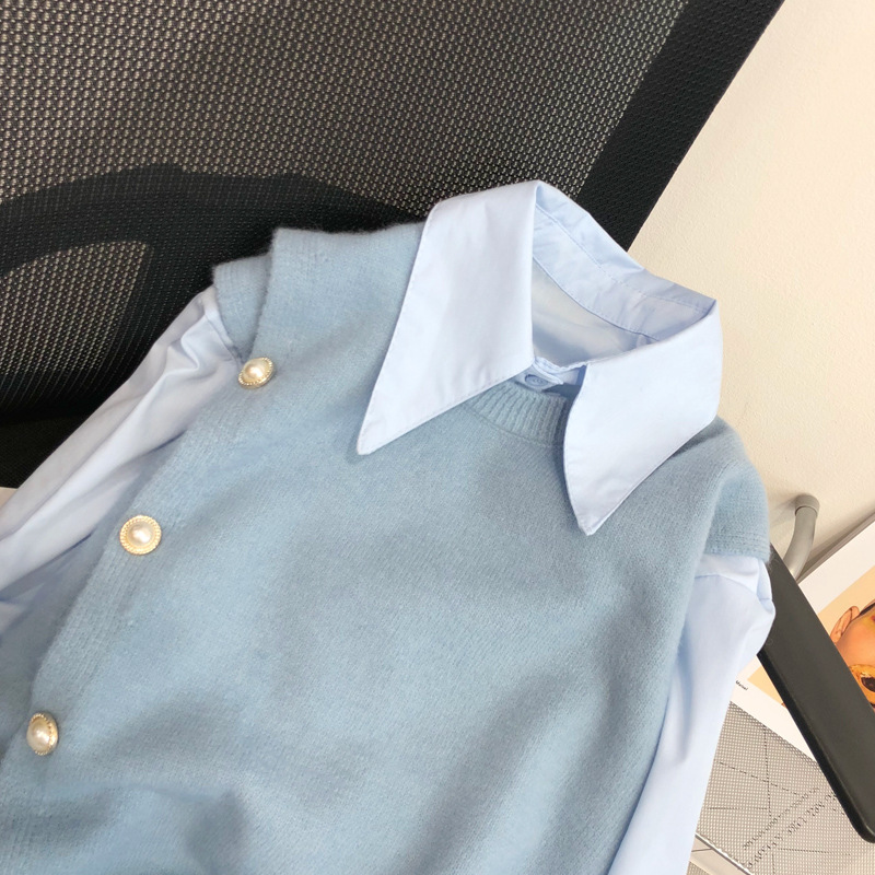 Women's Candy Colored Knitted Two Piece Set Sleeveless Vest And Shirt Polo Collar New Autumn Stylish Casual Clothing_ecoleips.com