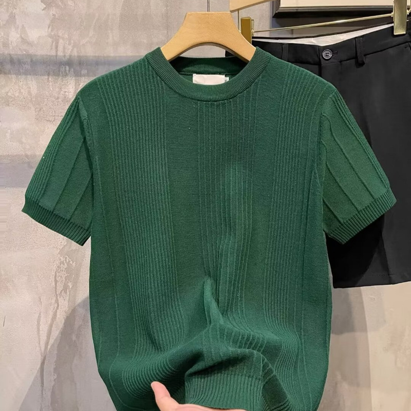 Knitted Short-sleeved T-shirt Men's Solid Color Vertical Stripes Summer Ins Trendy Casual Half-sleeved Top Round Neck Business Base Shirt