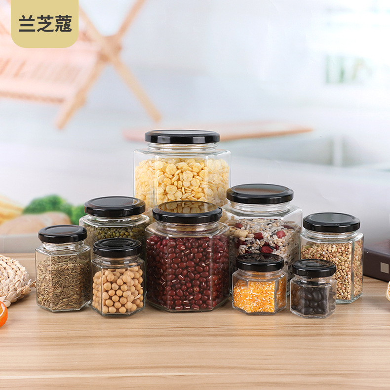 六棱蜂蜜瓶六角玻璃瓶加果酱檬膏瓶辣椒酱瓶密封储物酱菜瓶果酱瓶