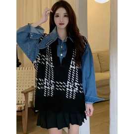 大码300斤胖MM假两件牛仔拼接格子卫衣秋冬季设计感宽松针织上衣