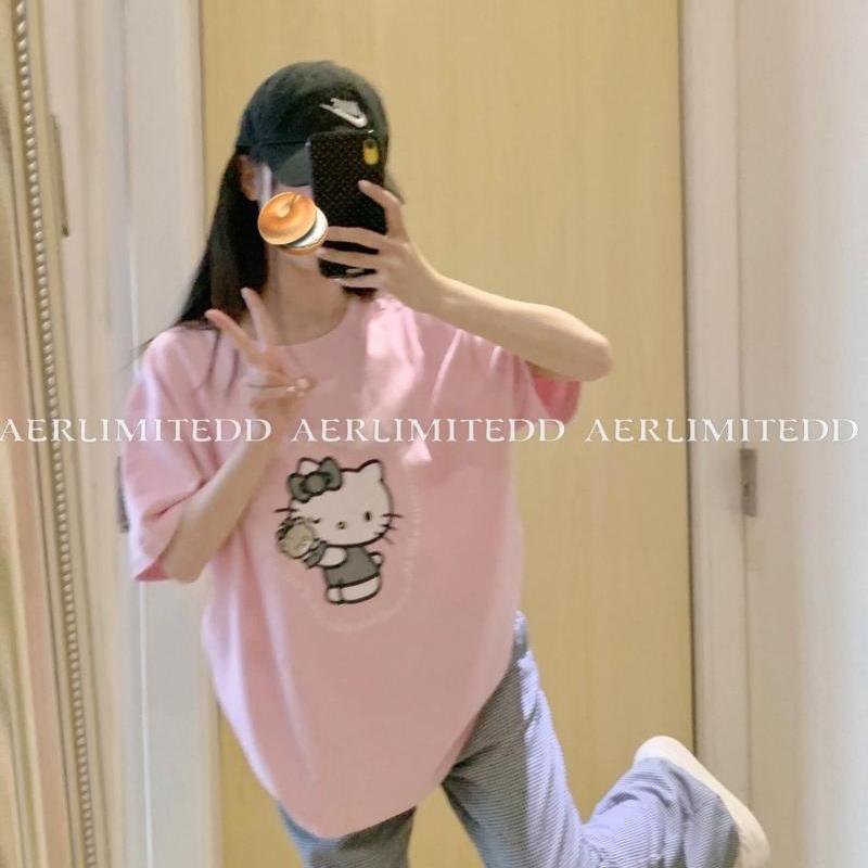 コットンガーリー韓国風イン新作ハローキティ猫プリント半袖ルーズTシャツアウターかわいいミドル丈|undefined