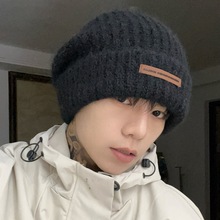百搭皮标字母毛线帽户外保暖韩版包头帽冷帽秋冬新款时尚针织帽男