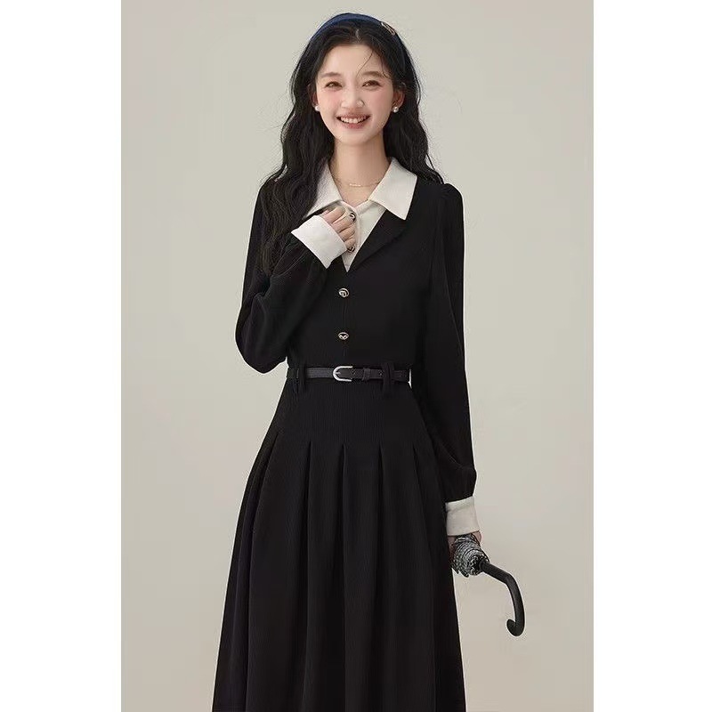 2025新款小香风黑色假两件连衣裙子女秋冬季教资面试通勤气质长裙|undefined