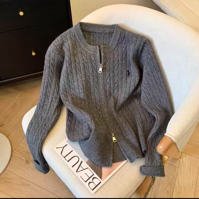 New autumn and winter double-zipper, twisted-knit, embroidered cardigan for women, featuring a round neckline, long sleeves, and a youthful design, making it a versatile outerwear piece