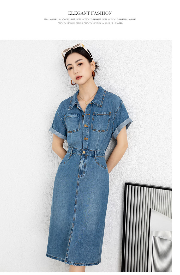 Đầm maxi nữ thắt eo chất liệu denim phối tơ acetate mềm mại, không bí bách — xanh lam chi tiết 14