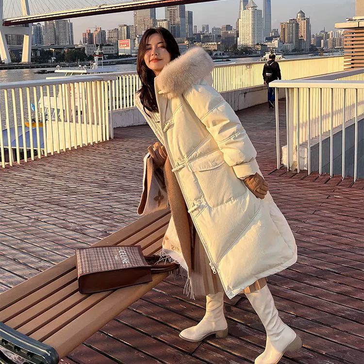 Long down jacket with hood, duck down