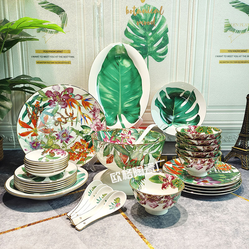 Cross Border European Illustration Style Bone China 36 Pieces Tropical Rainforest Tableware Dishes Set Dish Plate Bowl Neat Bowl Fish Plate Porcelain