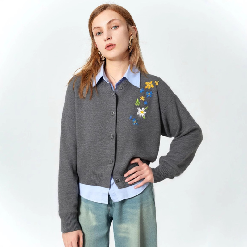 ヨーロッパとアメリカのクロスボーダー刺繍ニットカーディガン女性のための 2025 秋と冬の新しいルーズラウンドネックフラワーセーター女性のジャケット|undefined