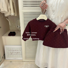 秋冬新款安可拉红圣诞女童加绒套装新年女宝长袖闪闪卫衣裙子两件