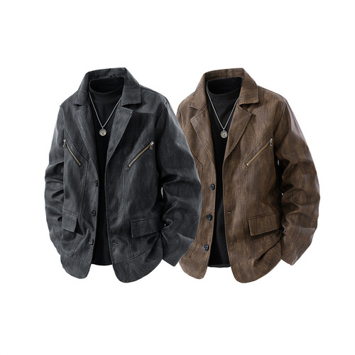 New Men's Leather Jacket, Biker Jacket, Collarless Racing Style, Contrast Color, Hong Kong Style Trend Brand, Seasonal Couple's Edition, Wide
