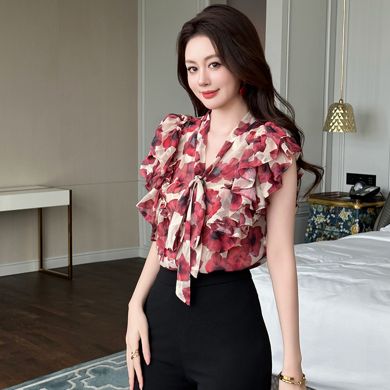 Áo thun nữ tay ngắn chất voan in họa tiết hoa diềm xếp nếp — Màu hoa