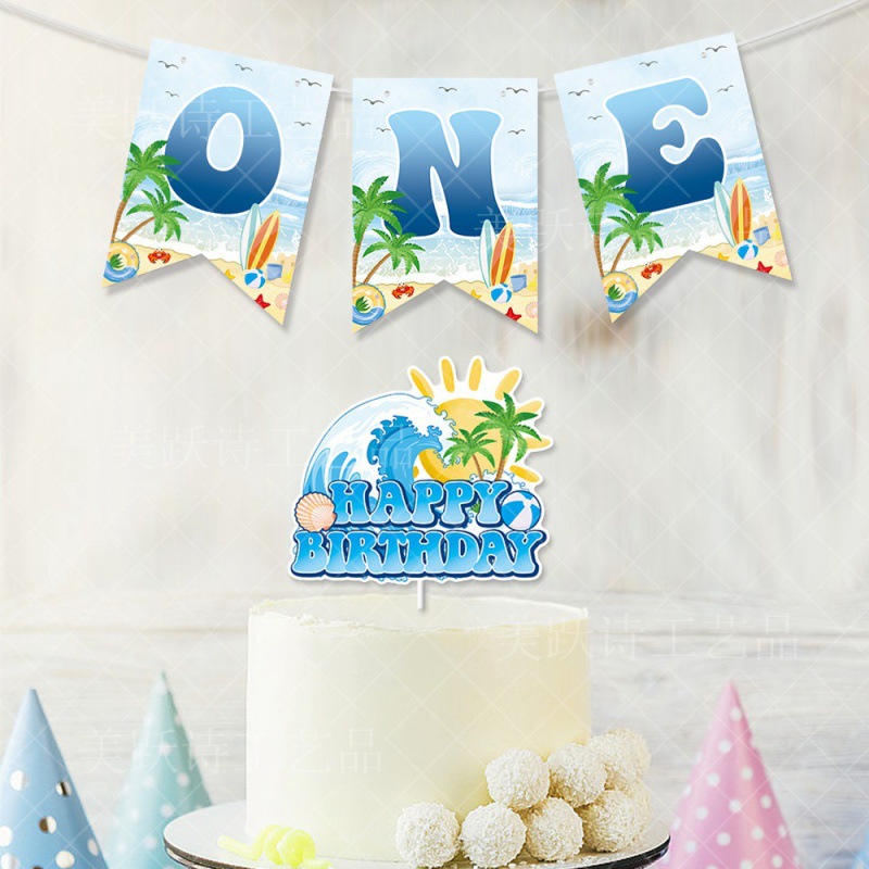 Nueva decoración de fiesta de cumpleaños de aniversario tira bandera tarta de playa playa fiesta de cumpleaños uno tira bandera