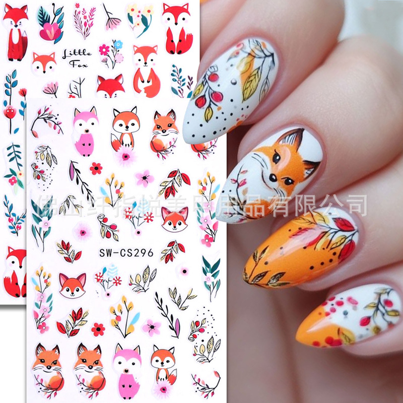 Cross-Border New Nail Art Stickers Wholesale 3D Autumn Fox Leaves Flowers Thanksgiving Pumpkin Adhesive Nail Stickers