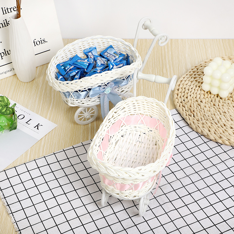 Adorable Decorative Handcart with Wicker Candy Basket, Flower Basket, Wedding Craft Hand-woven Basket Prop
