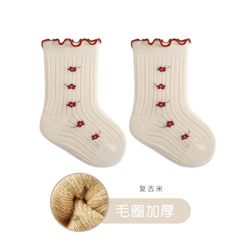 2023 invierno nuevo bebé niñas calcetines engrosados Terry cálido bebé calcetines princesa encaje niñas media pantorrilla Calcetines