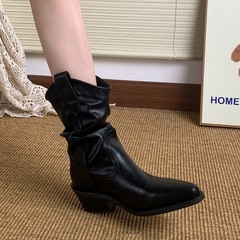 牛皮版赵露思同款尖头堆堆靴短靴女高跟复古西部牛仔骑士靴马丁靴