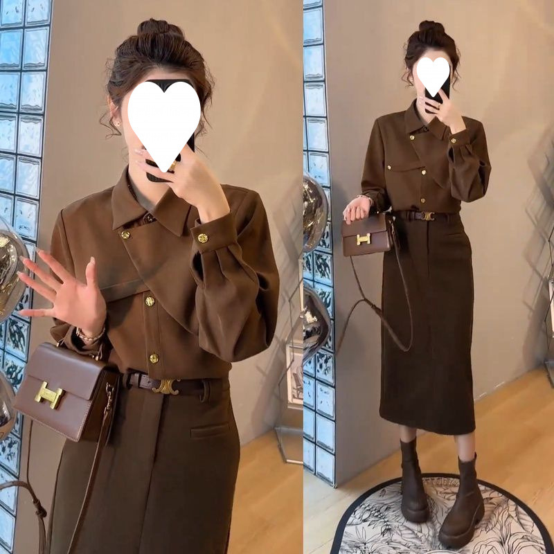 穿搭时尚套装一整套2024秋冬新款高级感衬衫女陪高腰半身裙两件套