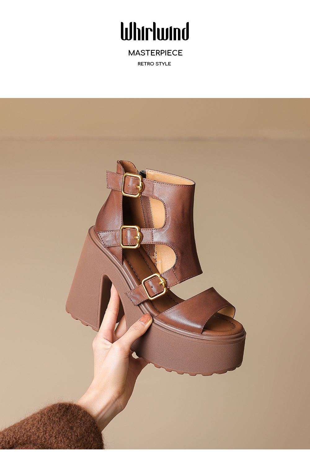 Sandal cao gót nữ da bò mũi hở quai khóa, gót 12 cm, cổ ngắn mùa hè — màu nâu, màu đen chi tiết 14