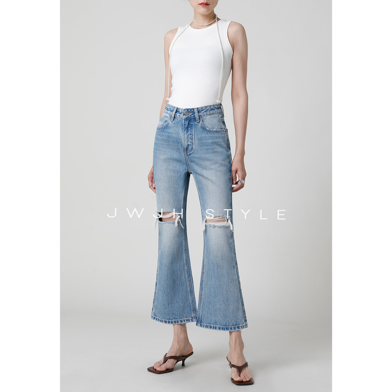 Women's Ripped Flared Cropped Pants | Short Straight-Leg Denim Flared Pants for Petite Figures 【2026 Summer】 Women's Ripped Flared Cropped Pants | Short Straight-Leg Denim Flared Pants for Petite Figures 【2026 Summer】