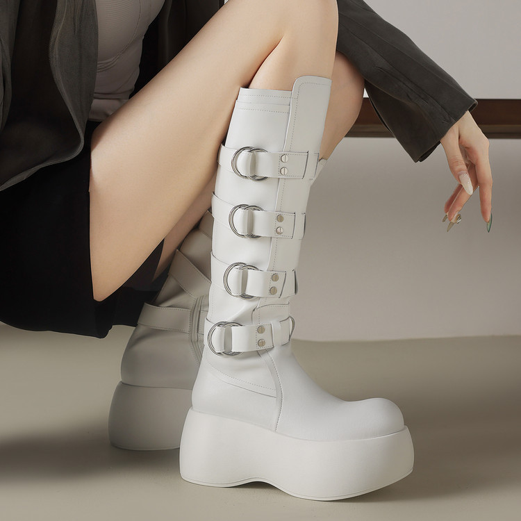 8cm Thick-Soled Knee-High Boots for Women Cowhide Platform Knight Boots 2025 New Autumn and Winter High-Heeled Wedge Boots