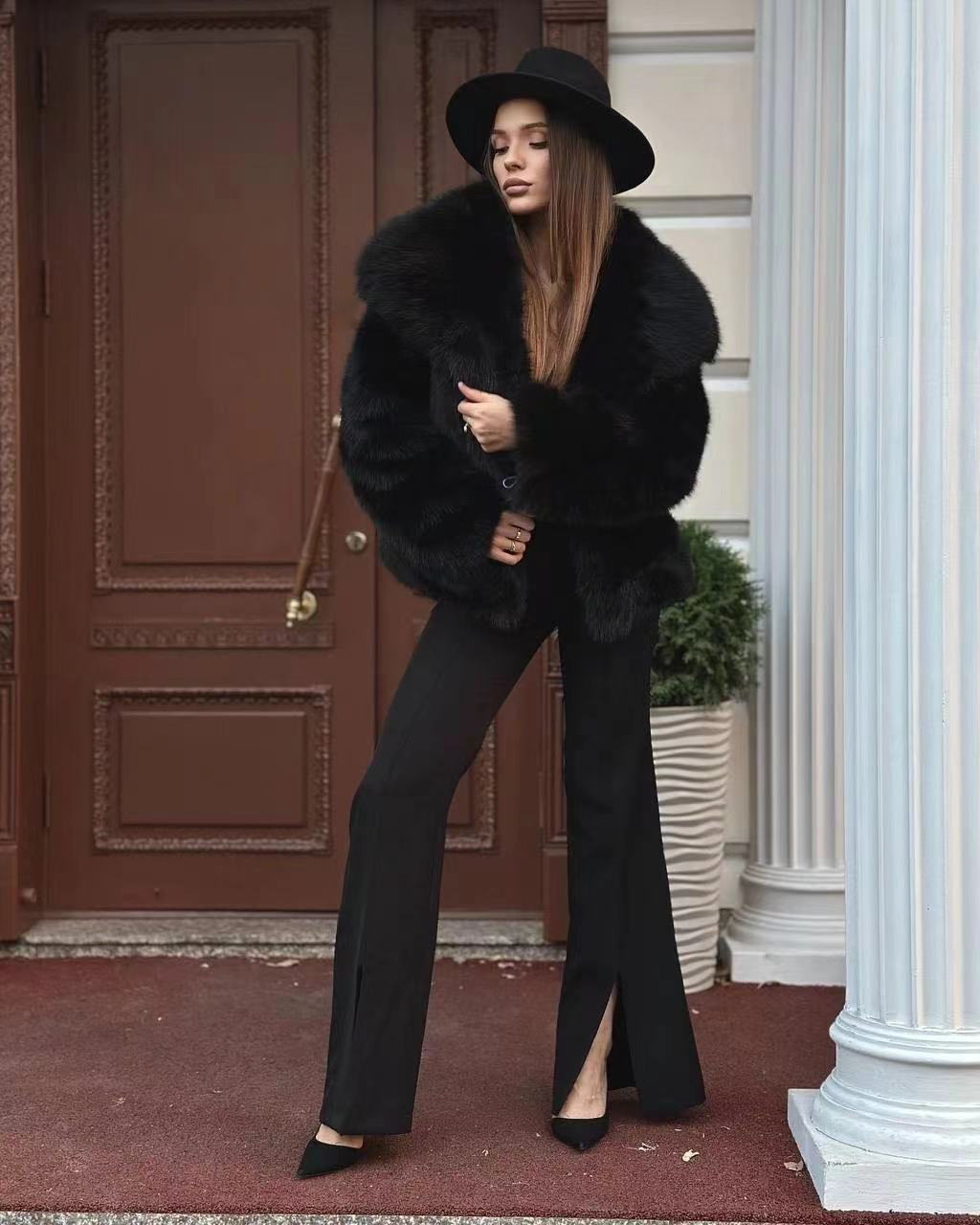 Fur large lapel fluffy casual fox fur jacket women's clothing_voghion.com