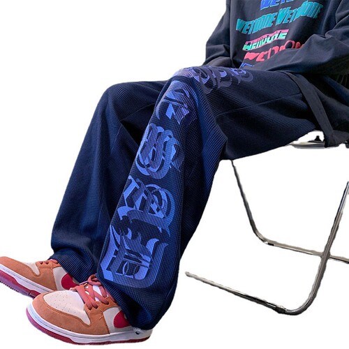 European and American hip-hop pants, Instagram-style high-street trendy waffle-patterned navy blue sweatpants for men—loose-fit sports street dance pants.