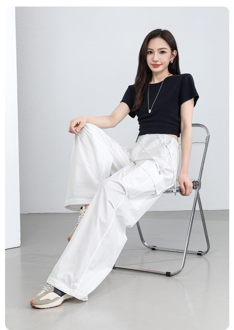 Quần ống rộng nữ cạp cao dây rút chất liệu nhẹ thoáng khí chống nắng — màu trắng chi tiết 26