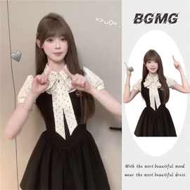 法式复古假两件连衣裙女夏季新款气质高级感波点泡泡袖蓬蓬裙