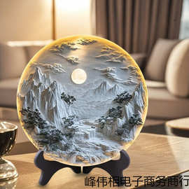 浮雕壁画立体感图片紧致圆盘摆台新中式客厅书房创意装饰桌面摆件